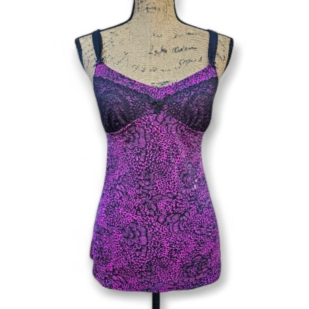 Betsey Johnson Y2K Romantic Goth Sexy Fuschia Black Lace Cup  Camisole, Size M
